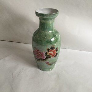 Beautiful ceramic vase green luster ware floral pink flower peacock 12" tall